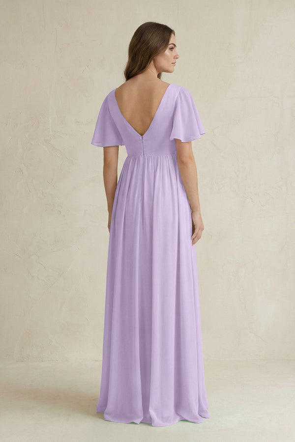 KissProm Short Sleeve V-Neck A-Line Chiffon Bridesmaid Dress in Lavender, Lavender / 14