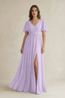 Short Sleeve V - Neck A - Line Chiffon Bridesmaid Dress in Lavender - KissProm Bridesmaid Dresses