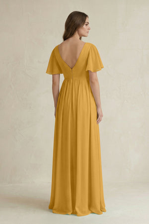 Short Sleeve V - Neck A - Line Chiffon Bridesmaid Dress in Marigold - KissProm Bridesmaid Dresses