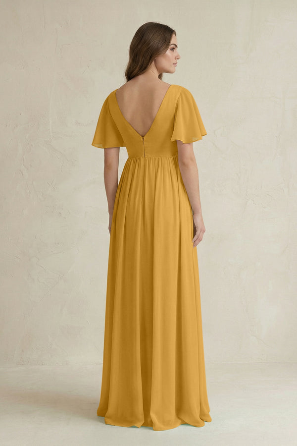 Short Sleeve V - Neck A - Line Chiffon Bridesmaid Dress in Marigold - KissProm Bridesmaid Dresses