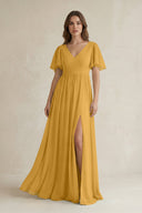 Short Sleeve V - Neck A - Line Chiffon Bridesmaid Dress in Marigold - KissProm Bridesmaid Dresses