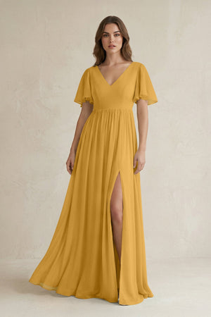 Short Sleeve V - Neck A - Line Chiffon Bridesmaid Dress in Marigold - KissProm Bridesmaid Dresses