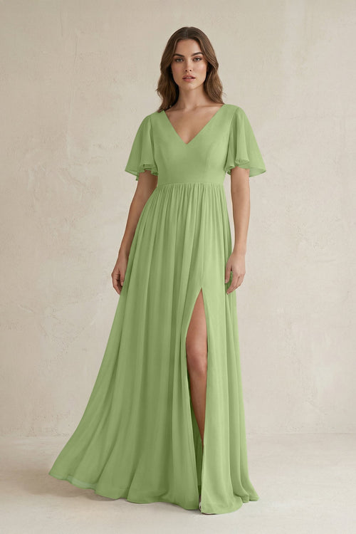 KissProm Short Sleeve V-Neck A-Line Chiffon Bridesmaid Dress in Matcha, Matcha / 18