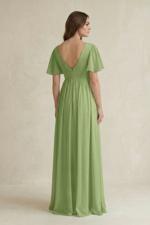 Short Sleeve V - Neck A - Line Chiffon Bridesmaid Dress in Matcha - KissProm Bridesmaid Dresses