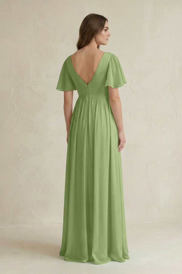 Short Sleeve V - Neck A - Line Chiffon Bridesmaid Dress in Matcha - KissProm Bridesmaid Dresses
