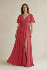 Short Sleeve V - Neck A - Line Chiffon Bridesmaid Dress in Merlot - KissProm Bridesmaid Dresses