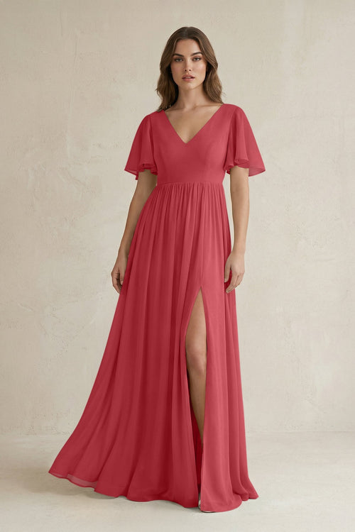 Short Sleeve V - Neck A - Line Chiffon Bridesmaid Dress in Merlot - KissProm Bridesmaid Dresses