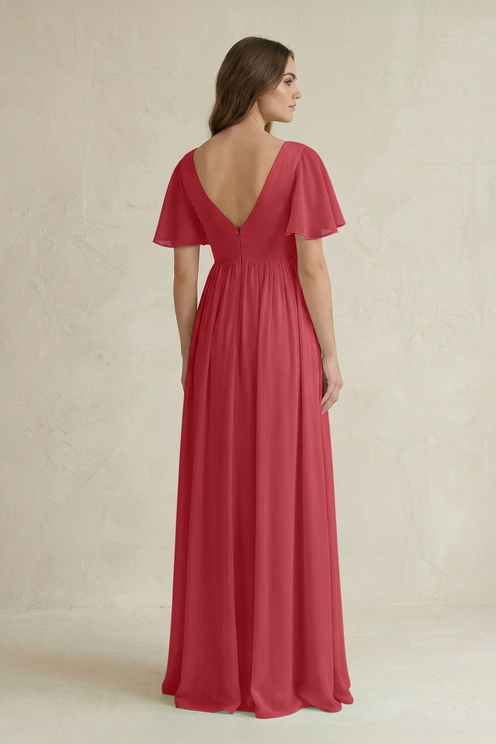 Short Sleeve V - Neck A - Line Chiffon Bridesmaid Dress in Merlot - KissProm Bridesmaid Dresses