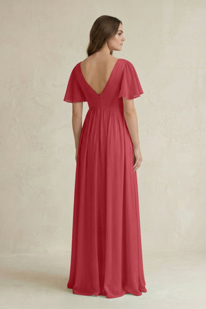 Short Sleeve V - Neck A - Line Chiffon Bridesmaid Dress in Merlot - KissProm Bridesmaid Dresses