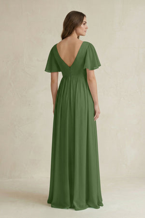 Short Sleeve V - Neck A - Line Chiffon Bridesmaid Dress in Moss - KissProm Bridesmaid Dresses