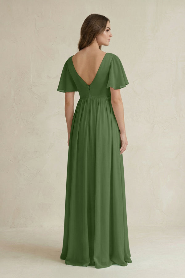 Short Sleeve V - Neck A - Line Chiffon Bridesmaid Dress in Moss - KissProm Bridesmaid Dresses