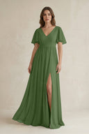 Short Sleeve V - Neck A - Line Chiffon Bridesmaid Dress in Moss - KissProm Bridesmaid Dresses