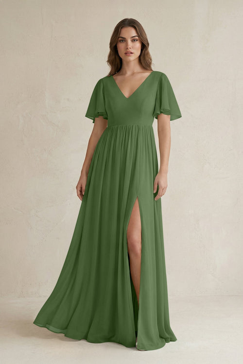 Short Sleeve V - Neck A - Line Chiffon Bridesmaid Dress in Moss - KissProm Bridesmaid Dresses