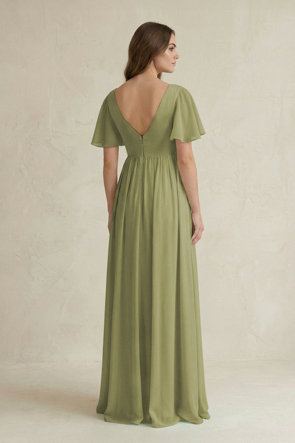 KissProm Short Sleeve V-Neck A-Line Chiffon Bridesmaid Dress in Moss Green, Moss Green / 14