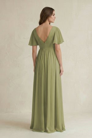 Short Sleeve V - Neck A - Line Chiffon Bridesmaid Dress in Moss Green - KissProm Bridesmaid Dresses