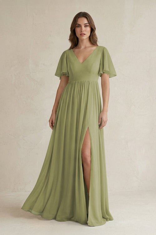 KissProm Short Sleeve V-Neck A-Line Chiffon Bridesmaid Dress in Moss Green, Moss Green / 14