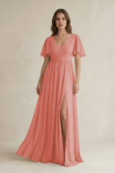 Short Sleeve V - Neck A - Line Chiffon Bridesmaid Dress in Mulberry - KissProm Bridesmaid Dresses
