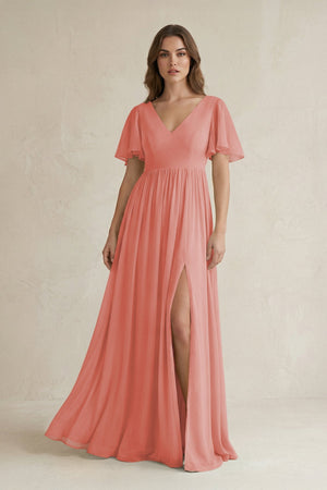 Short Sleeve V - Neck A - Line Chiffon Bridesmaid Dress in Mulberry - KissProm Bridesmaid Dresses