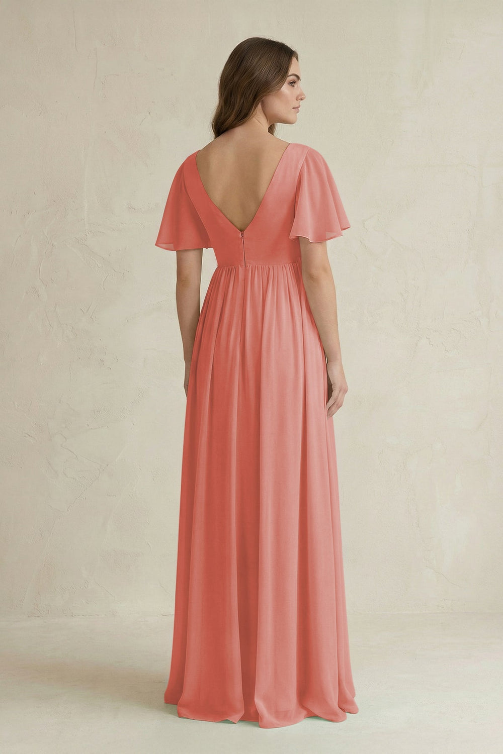 Short Sleeve V - Neck A - Line Chiffon Bridesmaid Dress in Mulberry - KissProm Bridesmaid Dresses