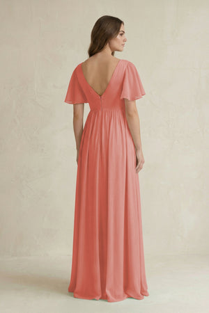 Short Sleeve V - Neck A - Line Chiffon Bridesmaid Dress in Mulberry - KissProm Bridesmaid Dresses