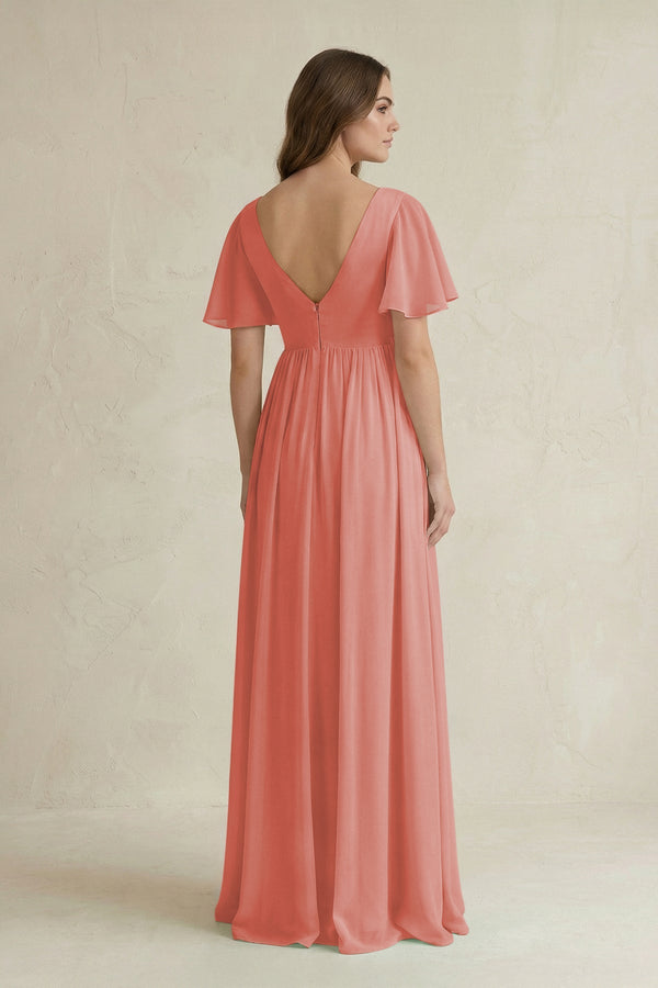 Short Sleeve V - Neck A - Line Chiffon Bridesmaid Dress in Mulberry - KissProm Bridesmaid Dresses
