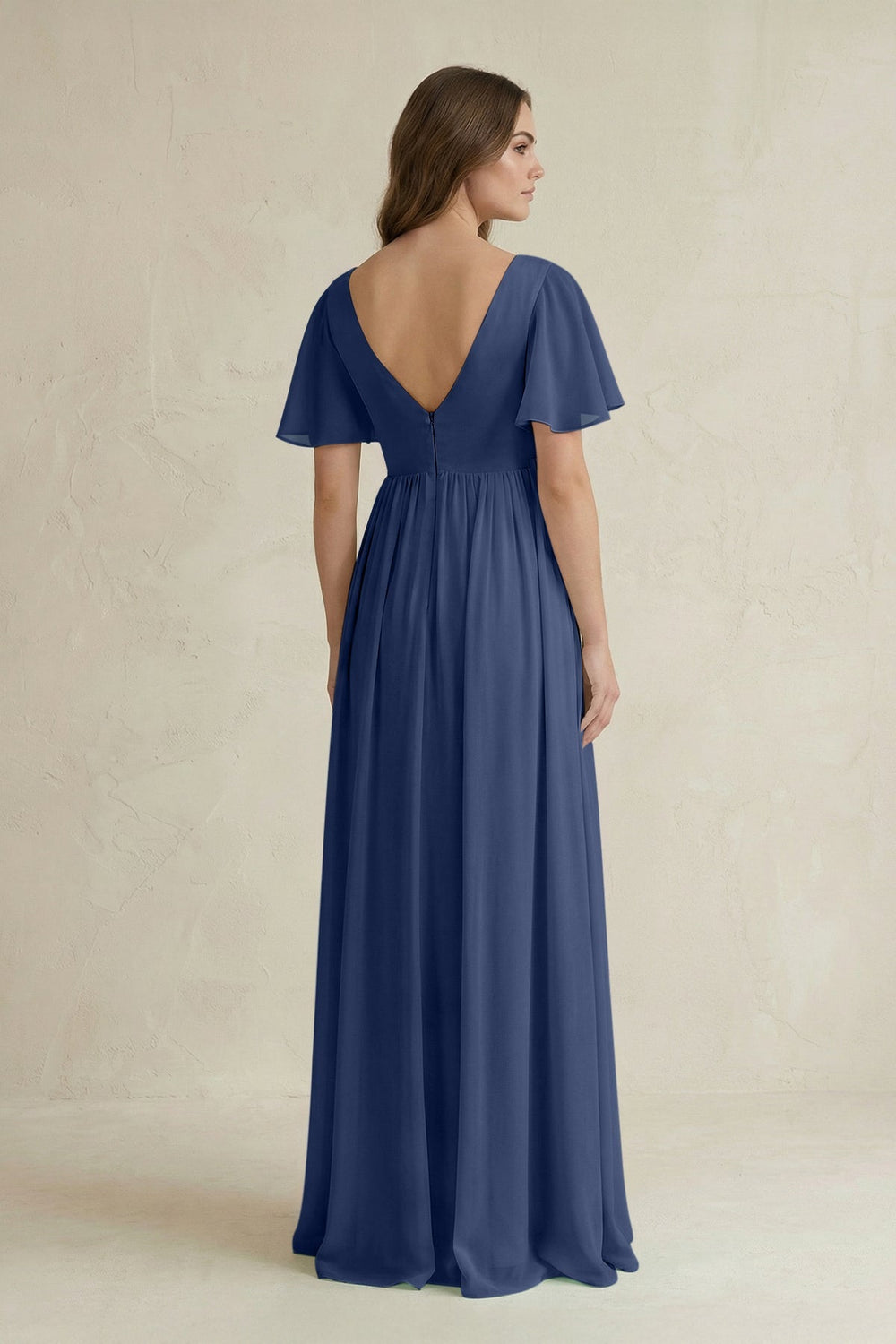 Short Sleeve V - Neck A - Line Chiffon Bridesmaid Dress in Navy - KissProm Bridesmaid Dresses