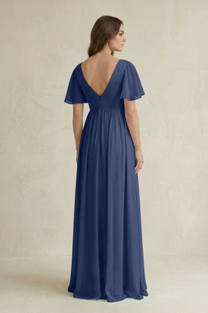 Short Sleeve V - Neck A - Line Chiffon Bridesmaid Dress in Navy - KissProm Bridesmaid Dresses