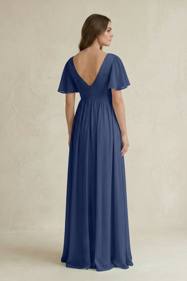 Short Sleeve V - Neck A - Line Chiffon Bridesmaid Dress in Navy - KissProm Bridesmaid Dresses