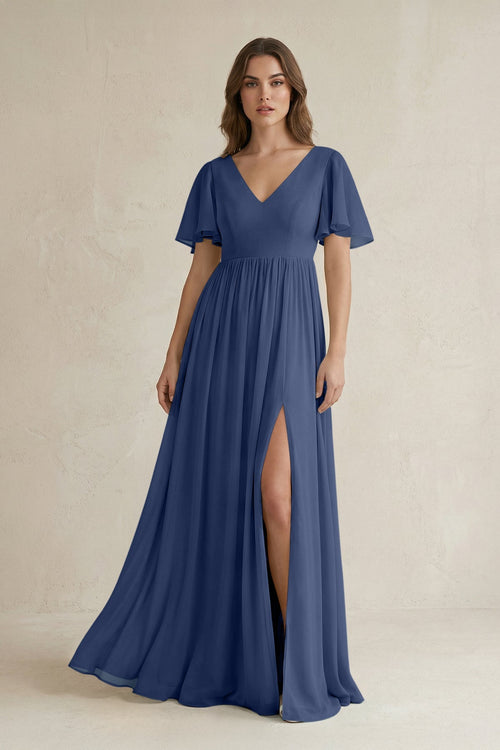 Short Sleeve V - Neck A - Line Chiffon Bridesmaid Dress in Navy - KissProm Bridesmaid Dresses