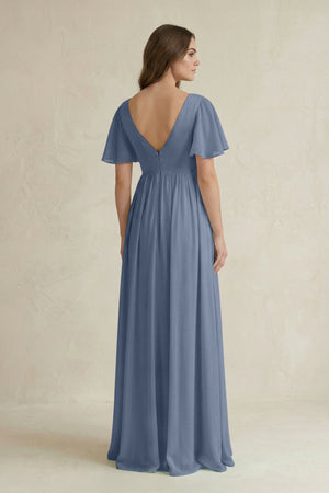 Short Sleeve V - Neck A - Line Chiffon Bridesmaid Dress in Neptune - KissProm Bridesmaid Dresses