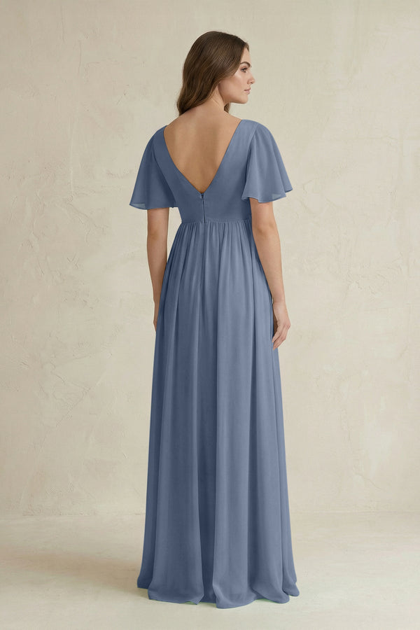 Short Sleeve V - Neck A - Line Chiffon Bridesmaid Dress in Neptune - KissProm Bridesmaid Dresses