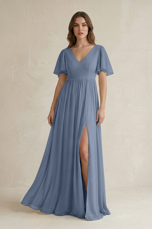 Short Sleeve V - Neck A - Line Chiffon Bridesmaid Dress in Neptune - KissProm Bridesmaid Dresses