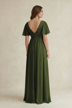 Short Sleeve V - Neck A - Line Chiffon Bridesmaid Dress in Olive - KissProm Bridesmaid Dresses