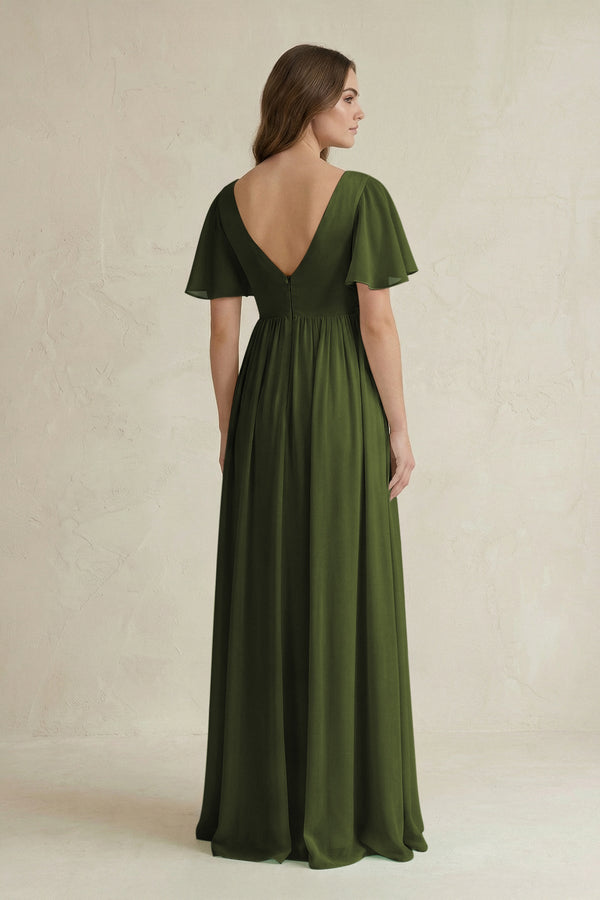 Short Sleeve V - Neck A - Line Chiffon Bridesmaid Dress in Olive - KissProm Bridesmaid Dresses