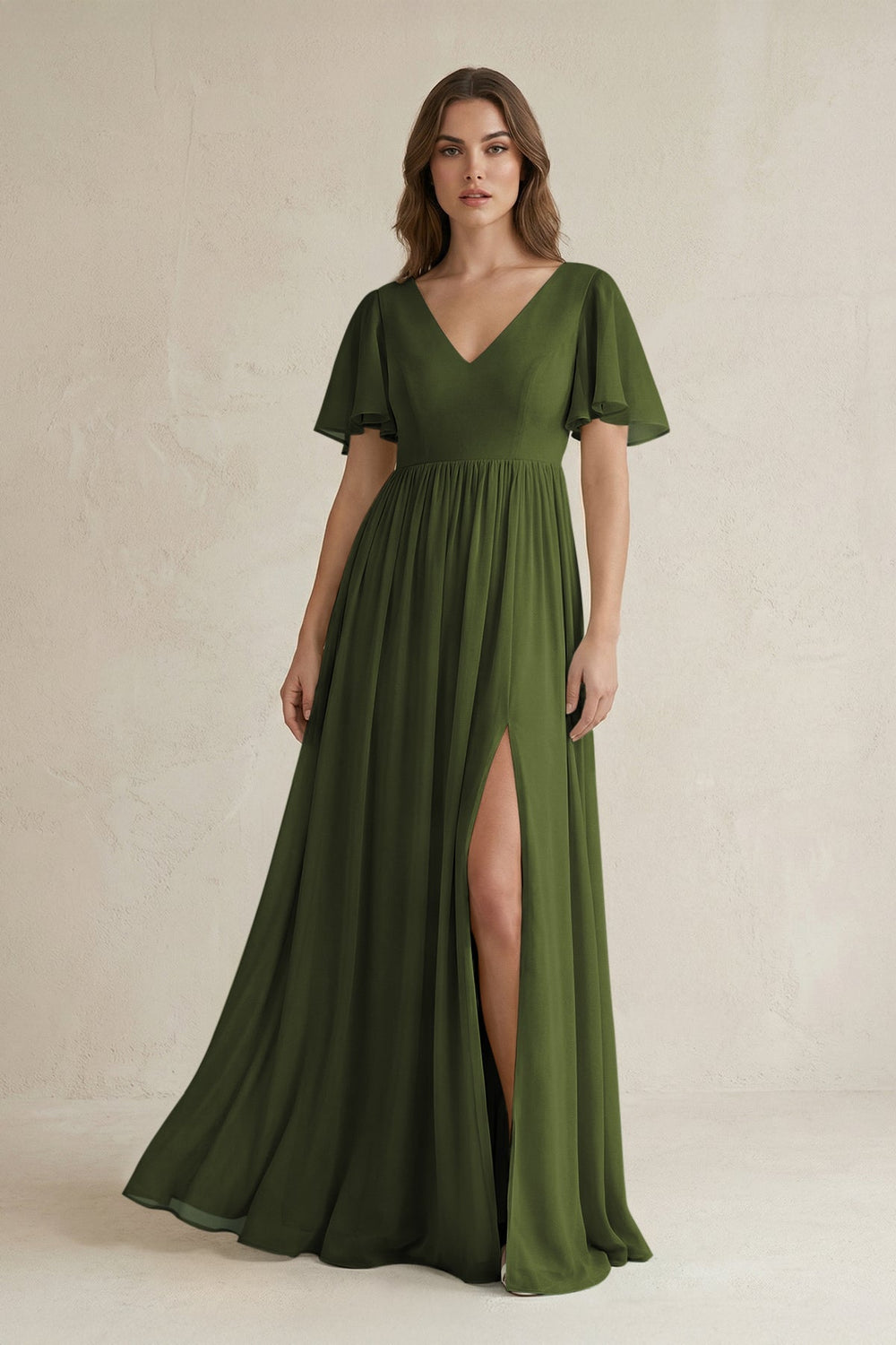Short Sleeve V - Neck A - Line Chiffon Bridesmaid Dress in Olive - KissProm Bridesmaid Dresses