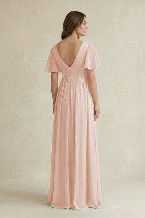Short Sleeve V - Neck A - Line Chiffon Bridesmaid Dress in Pale Blush - KissProm Bridesmaid Dresses