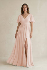 Short Sleeve V - Neck A - Line Chiffon Bridesmaid Dress in Pale Blush - KissProm Bridesmaid Dresses