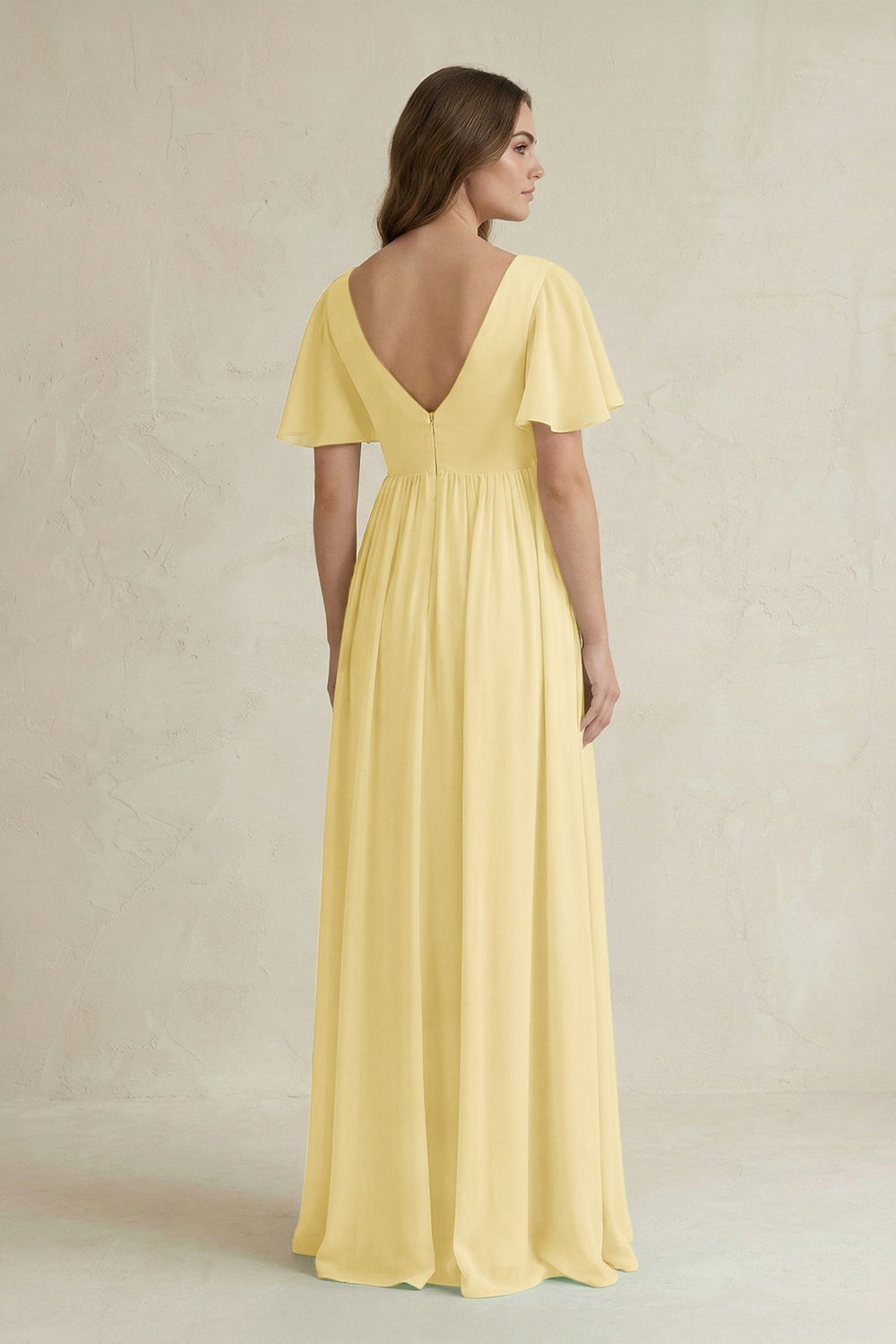 Short Sleeve V - Neck A - Line Chiffon Bridesmaid Dress in Pastel Yellow - KissProm Bridesmaid Dresses