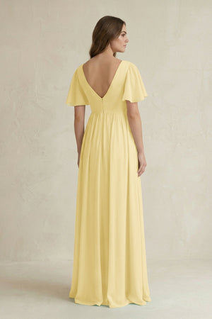 Short Sleeve V - Neck A - Line Chiffon Bridesmaid Dress in Pastel Yellow - KissProm Bridesmaid Dresses