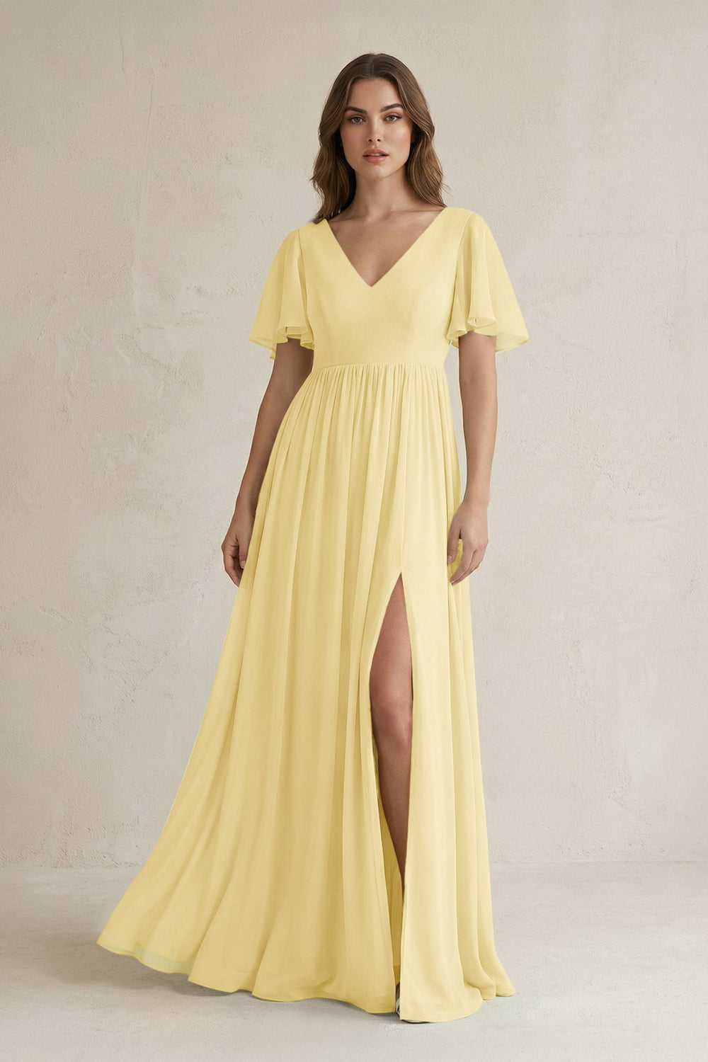 Short Sleeve V - Neck A - Line Chiffon Bridesmaid Dress in Pastel Yellow - KissProm Bridesmaid Dresses