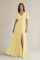 Short Sleeve V - Neck A - Line Chiffon Bridesmaid Dress in Pastel Yellow - KissProm Bridesmaid Dresses