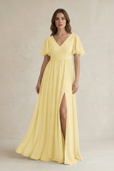 Short Sleeve V - Neck A - Line Chiffon Bridesmaid Dress in Pastel Yellow - KissProm Bridesmaid Dresses