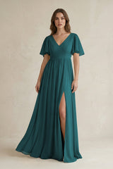 Short Sleeve V - Neck A - Line Chiffon Bridesmaid Dress in Pine - KissProm Bridesmaid Dresses