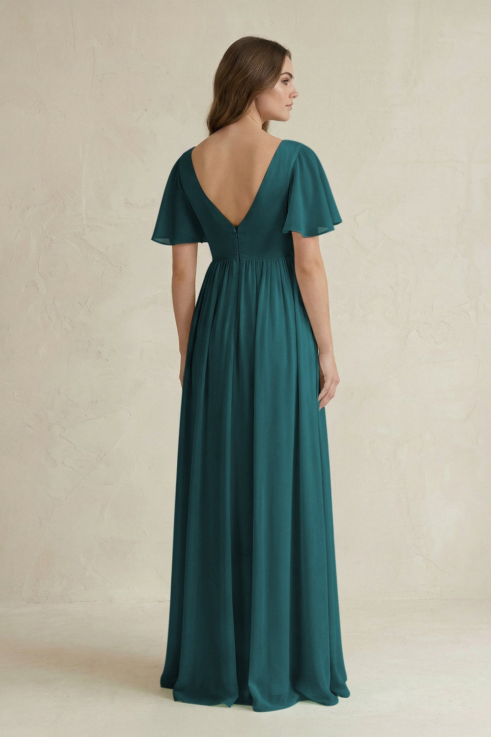 Short Sleeve V - Neck A - Line Chiffon Bridesmaid Dress in Pine - KissProm Bridesmaid Dresses