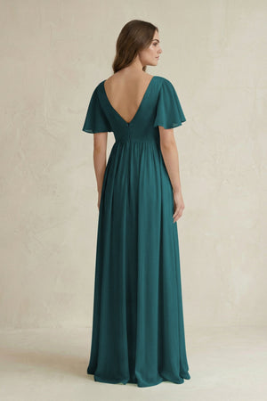 Short Sleeve V - Neck A - Line Chiffon Bridesmaid Dress in Pine - KissProm Bridesmaid Dresses