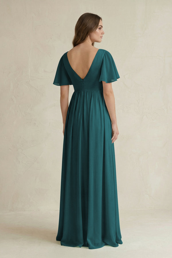 Short Sleeve V - Neck A - Line Chiffon Bridesmaid Dress in Pine - KissProm Bridesmaid Dresses