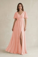 Short Sleeve V - Neck A - Line Chiffon Bridesmaid Dress in Rose Petal - KissProm Bridesmaid Dresses