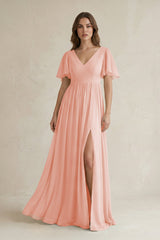 Short Sleeve V - Neck A - Line Chiffon Bridesmaid Dress in Rose Petal - KissProm Bridesmaid Dresses