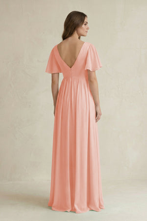 Short Sleeve V - Neck A - Line Chiffon Bridesmaid Dress in Rose Petal - KissProm Bridesmaid Dresses
