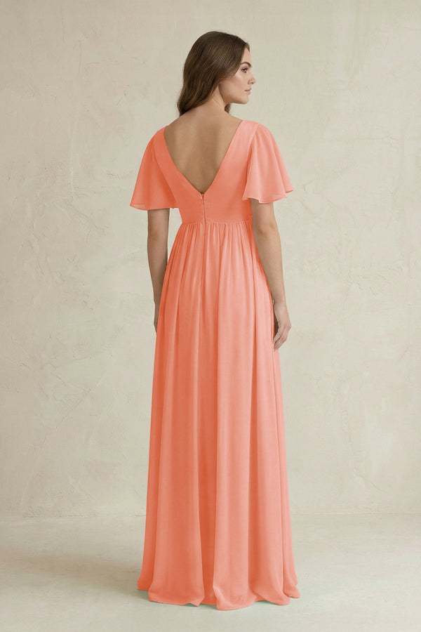 Short Sleeve V - Neck A - Line Chiffon Bridesmaid Dress in Rosette - KissProm Bridesmaid Dresses